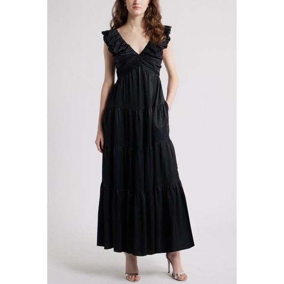 Chelsea 28 Dresses & Skirts - Chelsea 28 Dress Size Large Black Ruffle V-Neck Smocked Tiered Maxi Linen Blend